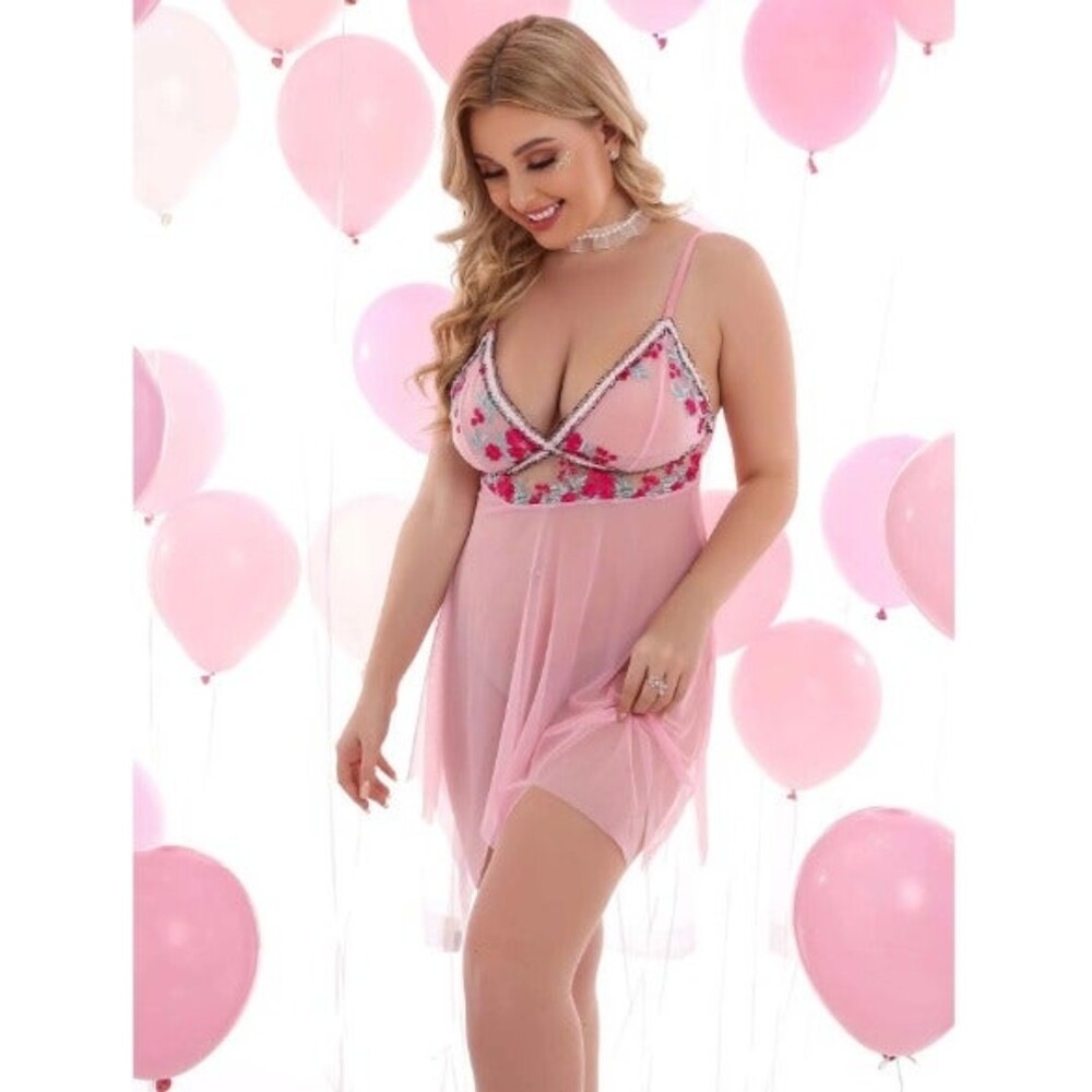 2X Plus Size Pink Floral Embroidered Mesh Asymmetric Hem Babydoll Gown Lingerie